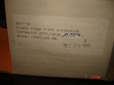 Freeze-Stat Thermostat, 15 to 55 Deg.F, Manual Reset, 6' Cap. NEW in Box