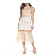 NEW w tags Foxiedox Amelia Halter Neck Lace BodyCon Midi Dress Large, MSRP $228