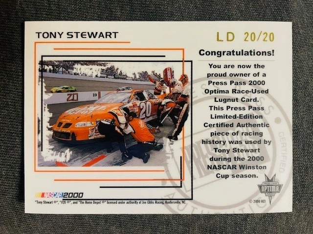 2000 Press Pass Optima #LD-20 Tony Stewart Race Used Lugnut Relic Card /55 Rare - Image 2 of 2