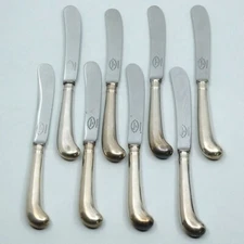 Meriden Cutlery Co 8 3/4" Set of 11 Antique Sterling Band Mother of Pearl Knives