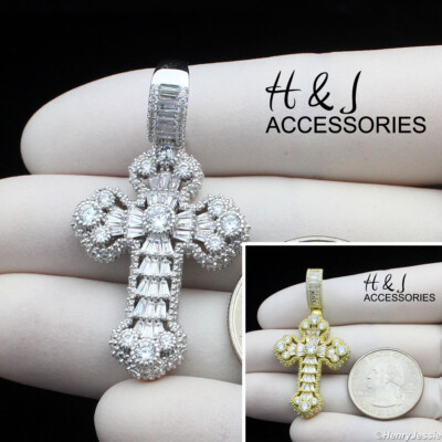 MEN 925 STERLING SILVER ICY BAGUETTE CZ SILVER/GOLD PLATED CROSS ...