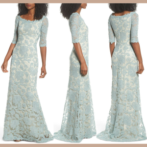 tadashi shoji embroidered boat neck mermaid gown
