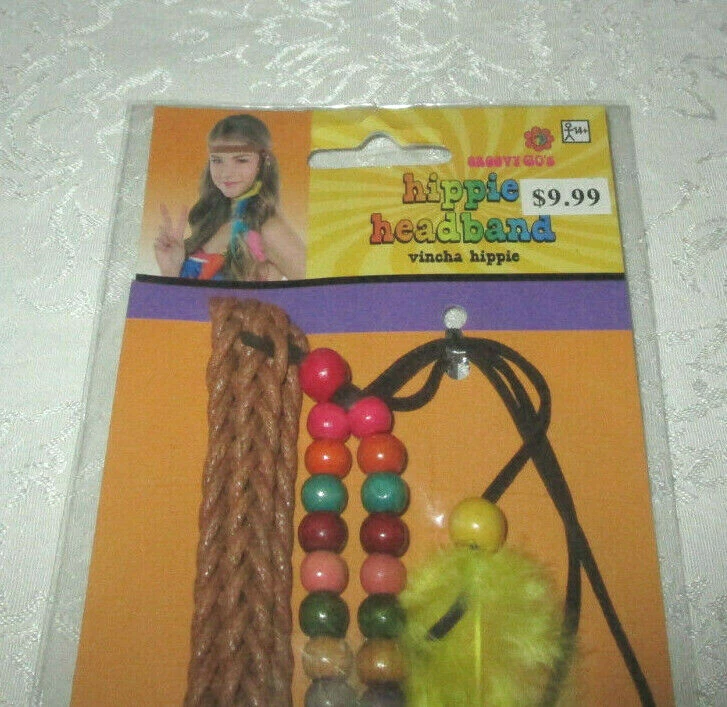 Groovy 60's Hippie Headband with Beads and Feathers 1 PC New in Package - Image 2 of 4