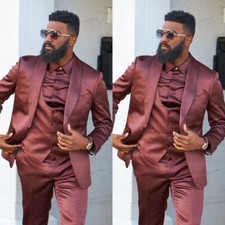 Silk Satin 3 Pcs Men Suits Wedding Groom Party Formal Business Tuxedo Men Blazer