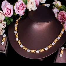Luxury Fashion CZ Oval Connect Necklace Earrings Yellow Gold Plated Jewelry Set
