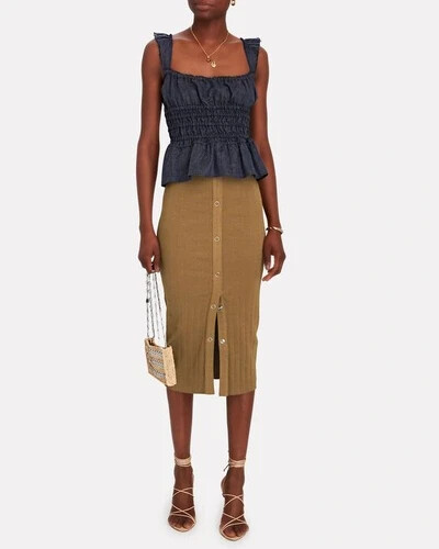 ENZA COSTA Rib Knit Button Down Midi Skirt Blue M $185 C1 - Picture 3 of 4