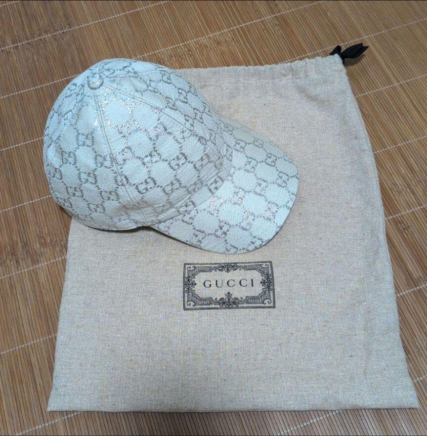 GUCCI Baseball Cap White Silver GG Logo Pattern Wool Blend GUCCI Baseball Cap White Silver GG Logo Pattern Wool Blend