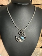Huge Sterling Silver Crescent Moon Pendant Necklace Blue Topaz Handcrafted