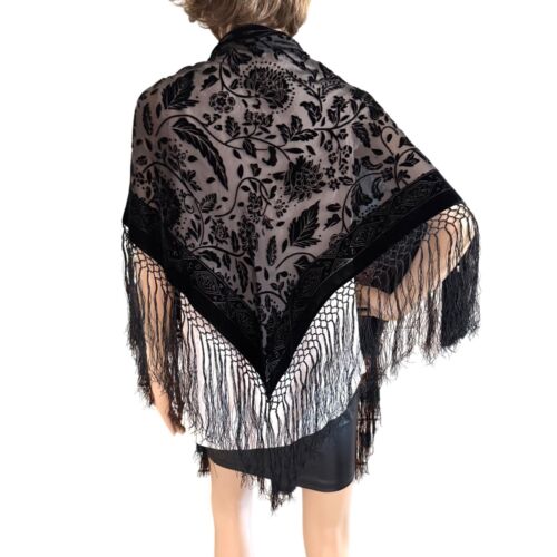 Vintage Black Velvet Sheer Floral Fringe Shawl Wrap Gothic Glam Elegance - Picture 6 of 8