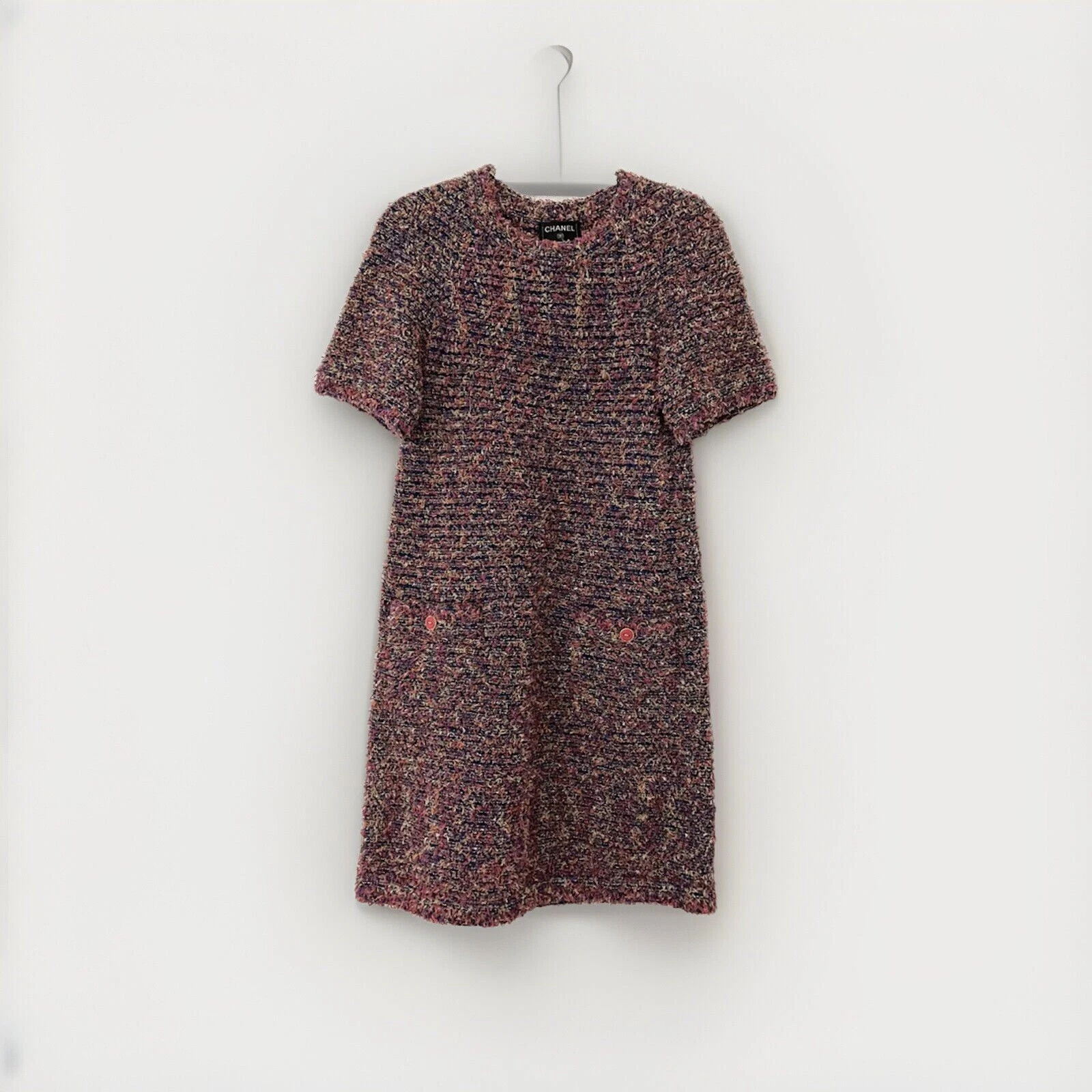 CHANEL Mini Abito Donna in Maglia Tweed Taglia 40 (Rosa Blu Arancione Oro)