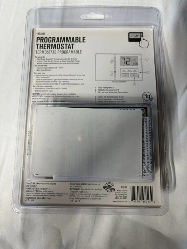 Ace Programmable Thermostat 1 Heat/ 1 Cool Setting 4693081 Sealed - Image 4 of 4