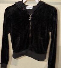 Juicy Couture Black Velour Tracksuit Set M 2pc Hooded Full Zip Hoodie Pants
