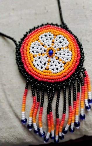 Handmade Native American Style Beaded Flower Medallion Necklace Fire Color Fring