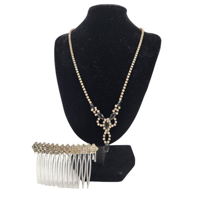 Vintage Rhinestone and Black Beaded Necklace and Rhinestone Hair Comb READ PROP