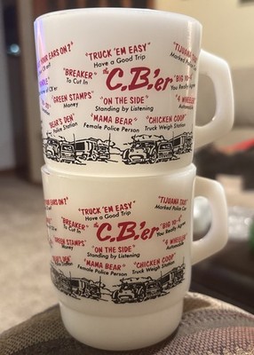 2 Fire King Anchor Hocking CB'er Milk Glass Coffee Mugs C.B Radio Trucker Slang