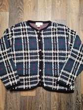Vintage Tally Ho Tartan Plaid Knit Cardigan Womens Size Large Button Up