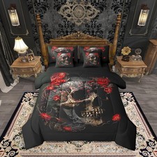 Gothic Skull Twin Bed in A Bag 7 Piece Flower Skull Comforter Set with Sheets...
