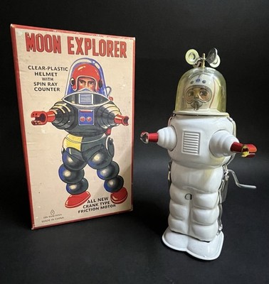 Vintage ''Space Explorer'' (weiß) Aufzieh 6'' großes Blechspielzeug MIB NOS selten!