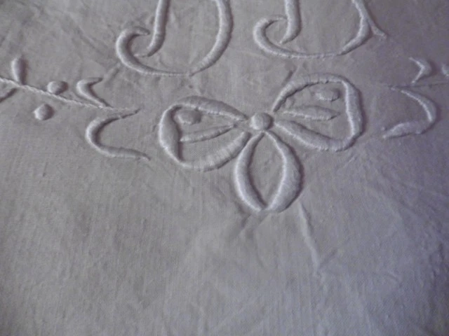 ANCIEN DRAP RETOURS PUR LIN CREME"DA"IMPOSANT RANG DE JOURS 230X280 CM - Photo 3/4