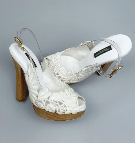 Women's Dolce & Gabbana White Lace Hight Leather Heels Size 36 Vintage Italy - Afbeelding 1 van 12