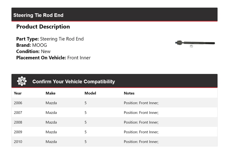 Передний внутренний конец рулевого троса для Mazda 5 2006-2010 годов выпуска MOOG 2006 2007 2008 2009 годов выпуска - Изображение 2 из 4
