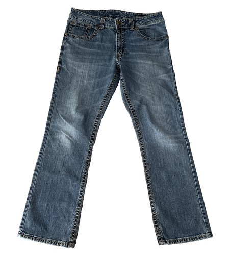 Rock 47 Wrangler Jeans Mens 33x32 Slim Boot Denim Thick Stitch Cowboy Western