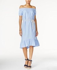 $109. Tommy Hilfiger Women's Striped Peasant Off The Shoulder Dress Blue White M