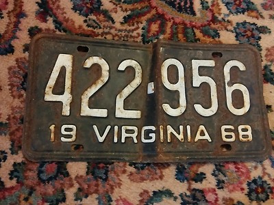 008 Vintage 1968 Metal Virginia License Plate Car Tag Auto 422-956 | eBay