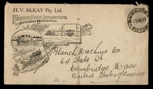 DR WHO 1923 AUSTRALIA ADVERTISING FARM IMPLEMENTS SUNSHINE TO USA m16946