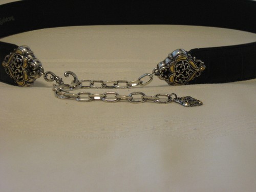 Brighton Black Reptile Look Belt, Hook & Chain Closure 39", Decorative Belt Tips - Picture 7 of 10