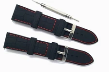 2Pcs 22mm Black Rubber Red Stitching Men Watch Band With Spring Bar Remover Tool