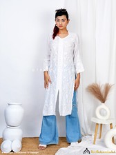 White Muslin Chikankari Straight Kurti Lucknow Chikankari Handmade Slit Kurti