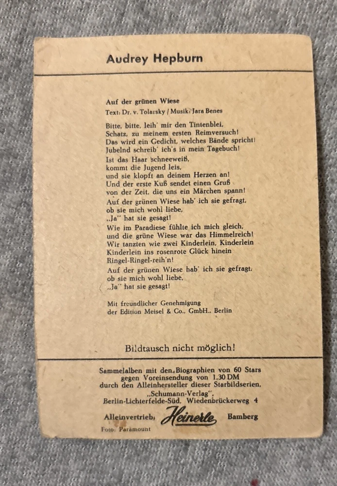 alte Audrey Hepburn Sammelkarte vermutlich aus den 60er Jahren