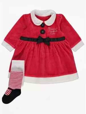 GEORGE BABY MÄDCHEN NEU MIT ETIKETT NEU GEBOREN 1. GRÖSSE MISS SANTA WEIHNACHTEN PARTY KLEID + STRUMPFHOSE