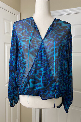 Kaya Di Koko Womens High-Low Blouse Size XS Blue Black Long Sleeve