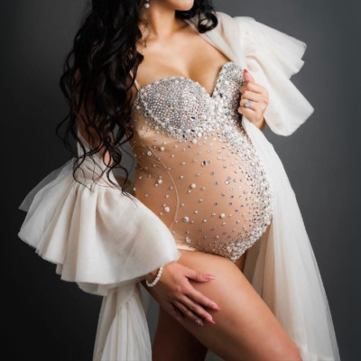 Maternity Photography Clothes V-neck Pearls Stretch Jumpsuits Dress Shoot Props