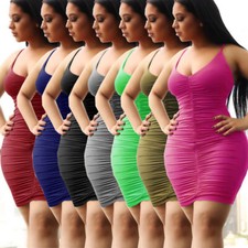 Women's Sexy Sleeveless V Neck Pleated Ruffled Bodycon Mini Dress Party Clubwear