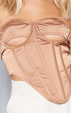 PLT Brown Satin Cut Out Lace Up Back Corset Crop Top Size 14