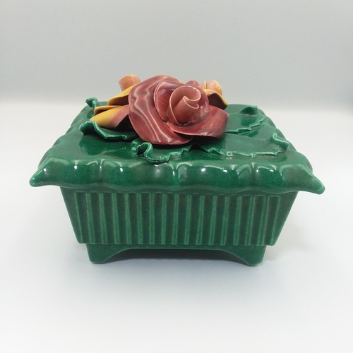 Caja de baratijas de cerámica vintage Brahm California rosa tapa floral verde 475 *LEER* - Imagen 3 de 18