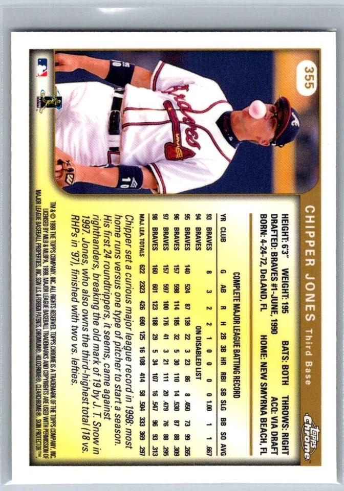 1999 TOPPS CHROME BASEBALL 355 CHIPPER JONES BRAVES - Image 2 of 2