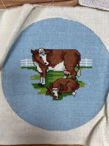 3 Pc Farmhouse Country Style Needlepoint Handmade Cow Chicken Milk Bottles Art - Picture 6 of 7