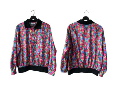 Notations Women Vintage Bluse Oberteil Gr. M buntes Muster schwarzer Kragen 
