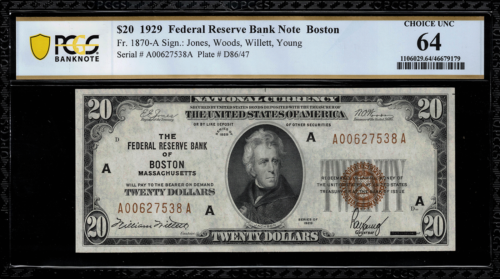 1929 $20 Federal Reserve Bank Note - Boston - FR.1870-A - Graded PCGS 64 - Afbeelding 1 van 2