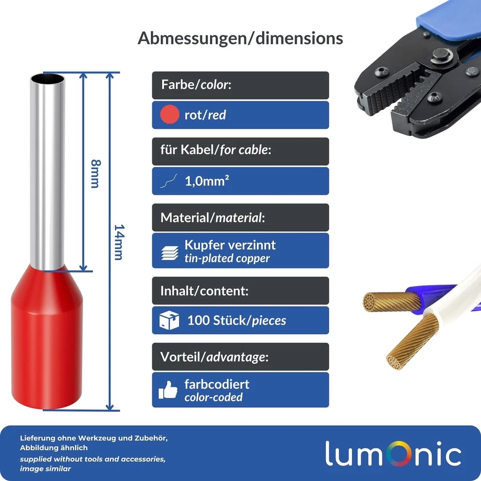 100x Aderendhülse isoliert 1mm² Rot Kupfer verzinnt 1,4x8mm Hülse - Bild 2 von 4