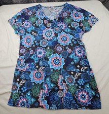 B Scrub Top Womens Size Small Blue Black Floral Elastic Back Pit To Pit 17in