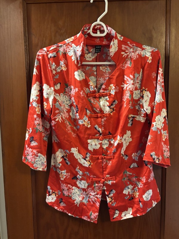 SHEIN Chinese style floral top with traditional knot buttons Size 2