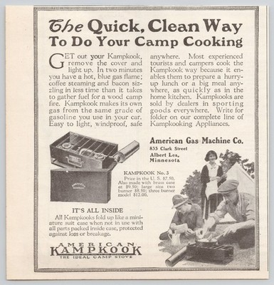 Kampkook American Gas Camp Stove Windproof Safe Albert Lea 1922 Print Ad