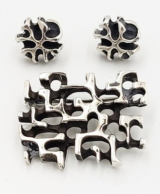 VERY RARE Russell Secrest Sterling Abstract Modernist Brooch Earring Set 1960s