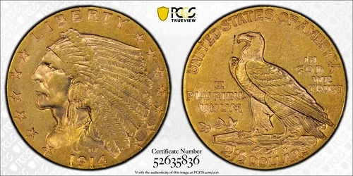 1914 US Gold $2.50 PCGS AU58 Indian Head Quarter Eagle