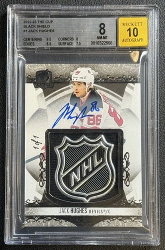 JACK HUGHES BGS 2022-23 THE CUP #1 BLACK FOIL GU NHL SHIELD LOGO PATCH AUTO 1/1